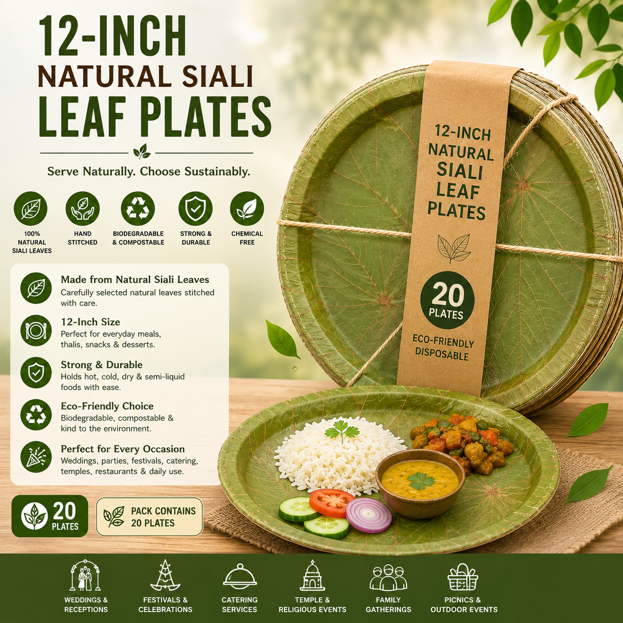 12-Inch Natural Siali Leaf Plates