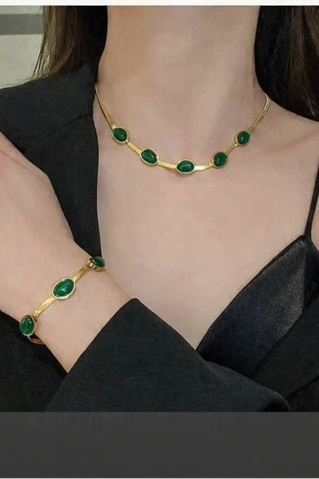 Oval Green Crystal Pendant Necklace Set With Bracelet