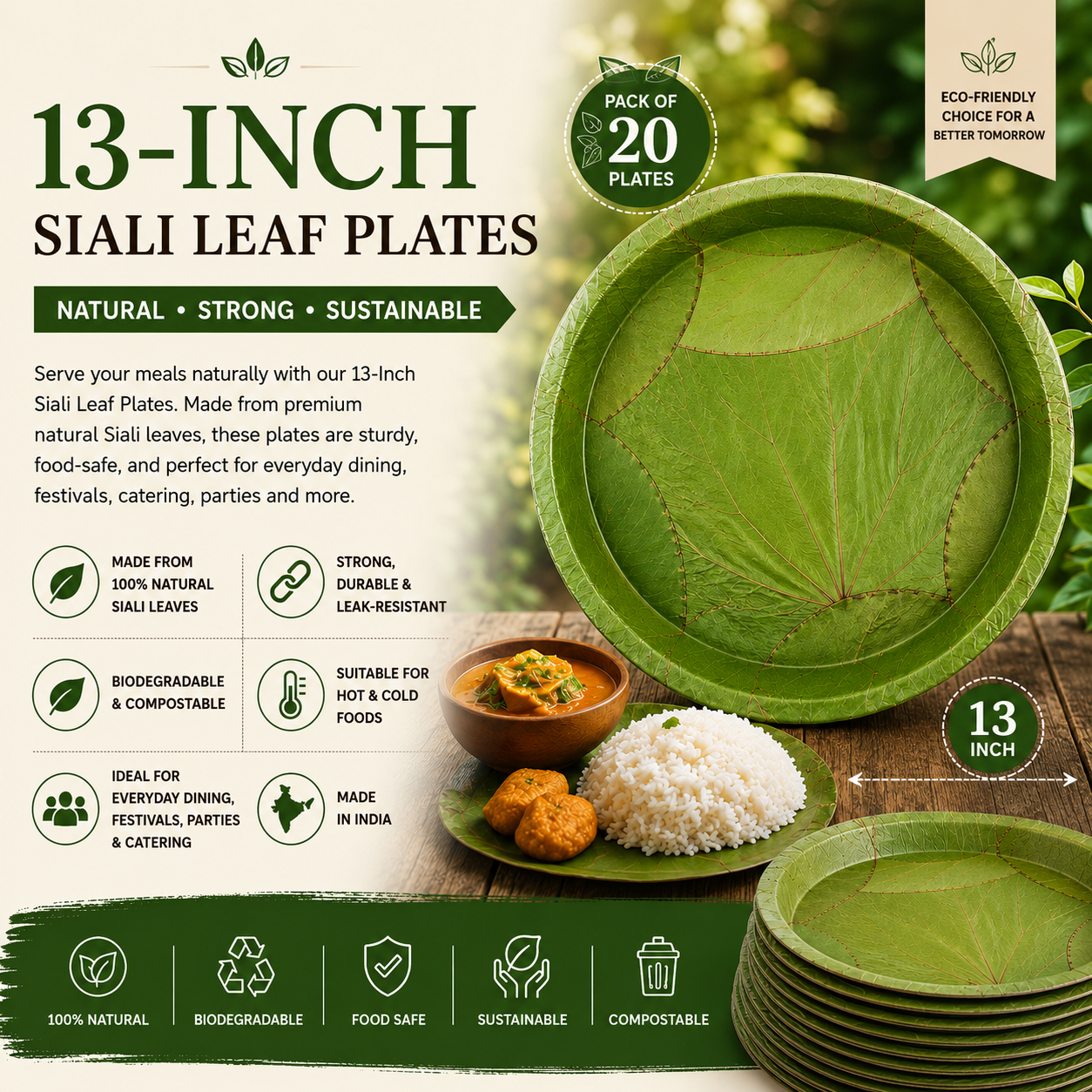 13-Inch Natural Siali Leaf Plates